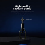 A sleek clear LuvPump ClassiMax XL Professional Power Pump is set against a dark gradient background. White text reads, High quality erection enhancement tool, with smaller text below highlighting features like a quick release valve, boasting a compact design with visible handle and valve details.