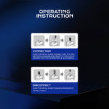 Instruction diagram for LuvPump ClassiMax XL: Two sections, Connection and Disconnect, each with three steps using icons. Connection involves pushing a metal sheet inward, turning, and clicking—perfect for setting up this clear XL penis pump. Dark blue background.