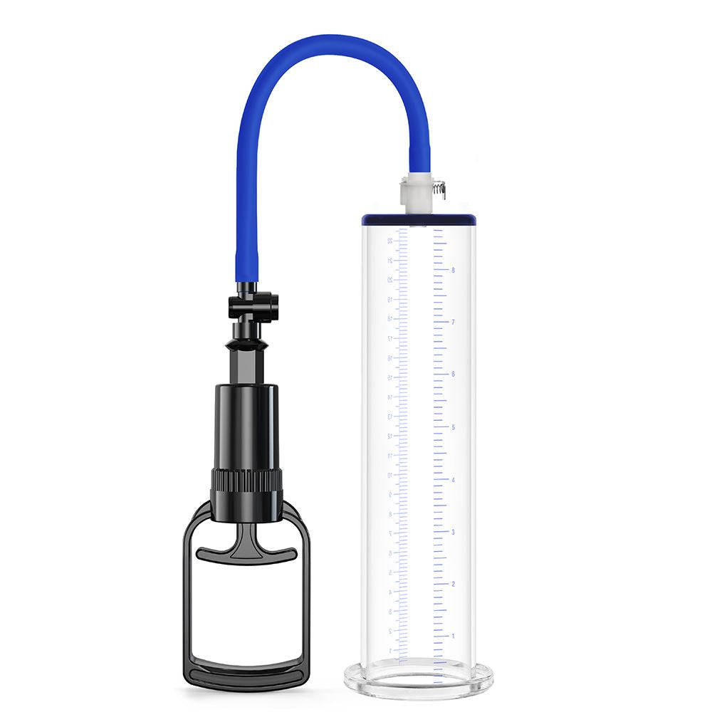 The LuvPump ClassiMax XL Professional Power Pump is a clear, extra-large cylindrical device with measurement markings, connecting to a blue hose and black hand-operated pump with grip handle—designed for precise air pressure control, commonly used for erection enhancement.