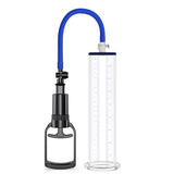 The LuvPump ClassiMax XL features a clear plastic cylinder with blue measurements and a flexible tube connected to a black manual pump handle, designed for erection enhancement and penis enlargement.