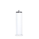 The LuvPump ClassiMax XL Professional Power Pump is a transparent, extra-large penis pump with a black lid and small gray stopper. It features measurement markings, stands upright on a flat circular base, and resembles a graduated laboratory cylinder. The background is plain white.