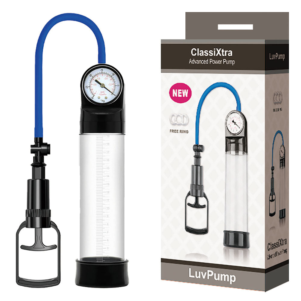 The image features the LuvPump ClassiXtra Advanced Power Pump for men, which includes a transparent cylinder, blue hose with pressure gauge, and black handle. The packaging displays the product with a NEW label and the LuvPump tagline at the bottom to emphasize its erection enhancement capabilities.