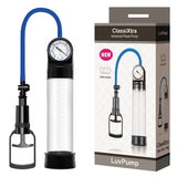 The image features the LuvPump ClassiXtra Advanced Power Pump for men, which includes a transparent cylinder, blue hose with pressure gauge, and black handle. The packaging displays the product with a NEW label and the LuvPump tagline at the bottom to emphasize its erection enhancement capabilities.