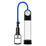 The LuvPump ClassiXtra Advanced Power Pump is a clear vacuum pump featuring measurement markings, a black base, and a blue hose. It includes a manual handle with a pressure gauge for promoting strong erections and male enhancement.