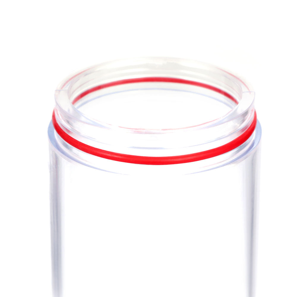 Close-up of the LuvPump ClassiXtra Advanced Power Pump, a transparent cylindrical pump with smooth, clear walls and an open top. It features a red rubber seal on the rim for strong sealing, ensuring robust storage of essentials with freshness and security.