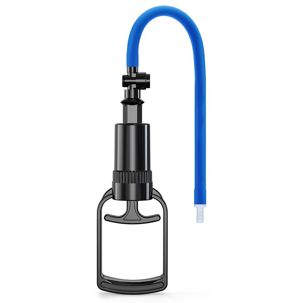 The LuvPump ClassiXtra Advanced Power Pump features a clear cylindrical body, a black manual handle, and a U-shaped blue hose for fluid transfer; this portable pump is designed to enhance erections with its pressure gauge, catering to male sensitivity needs.