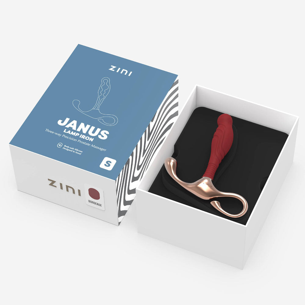 A red and gold ergonomically shaped Zini Janus Lamp Iron - Small Prostate Massager sits in a black-fitted compartment within an open white box. The adjacent blue lid displays the brand name ZINI, the product name, and a stylized outline of the massager.