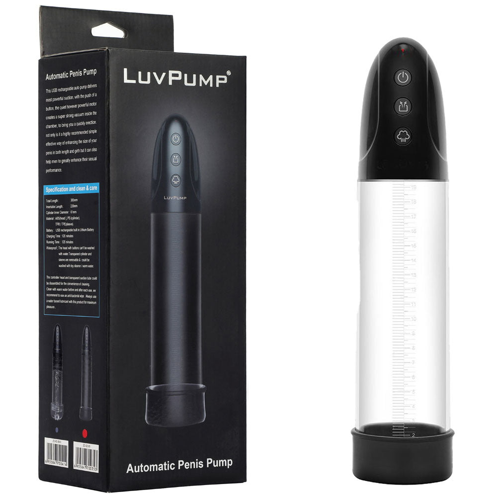 The LuvPump Automatic Penis Pump, available in black and clear, features powerful suction and intuitive top control buttons. The packaging provides product details and an image, emphasizing its USB rechargeable capabilities for enhancing sexual performance.