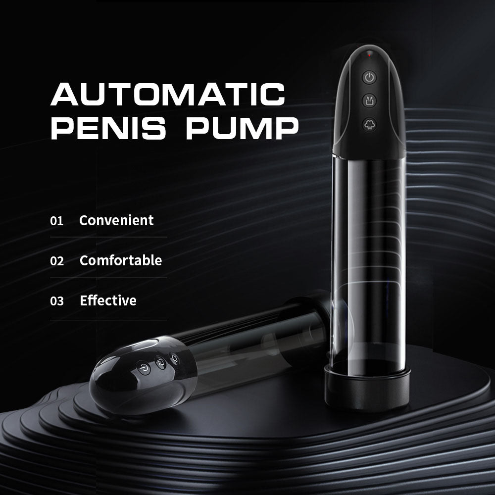 Image of the LuvPump Automatic Penis Pump on a dark, wavy background. The black, USB rechargeable pump features buttons on top. Beside it reads Automatic Penis Pump with qualities 01 Convenient, 02 Comfortable, 03 Effective. The pump is shown upright and tilted.