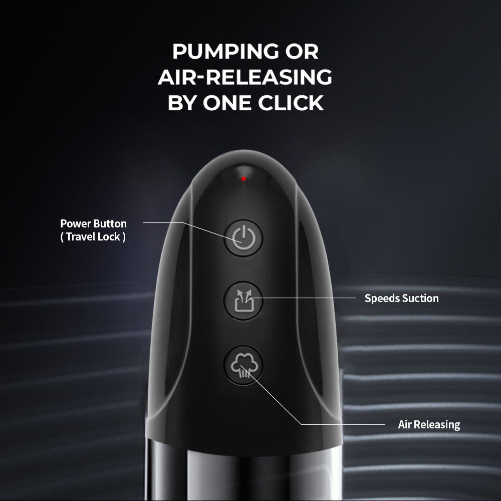 A close-up of the LuvPump Automatic Penis Pumps control panel features three buttons: a Power Button with travel lock on top, powerful Speed Suction in the middle, and Air Releasing at the bottom. The text reads PUMPING OR AIR-RELEASING BY ONE CLICK.