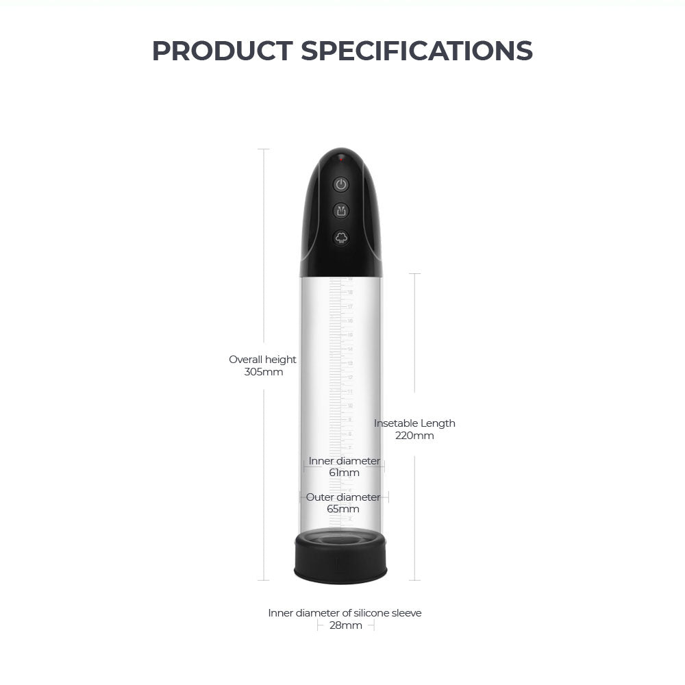 The LuvPump Automatic Penis Pump features a clear, cylindrical design with a black top and base, measuring 305mm tall with a 220mm insertable length. It has an inner diameter of 61mm, outer diameter of 65mm, and a silicone sleeve with an inner diameter of 28mm. Perfect for powerful suction and performance enhancement.