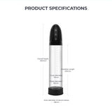 Image of the LuvPump Automatic Penis Pump with a transparent cylinder, black top and base; measures 305mm in height, 220mm insertable length, 61mm inner diameter, 65mm outer diameter, and 28mm inner silicone sleeve diameter. Offers powerful suction for enhanced performance.