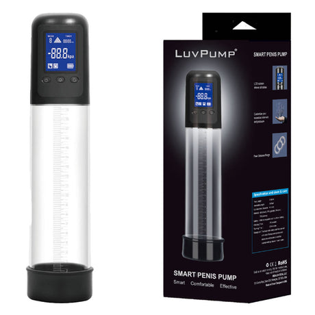 The LuvPump Smart Penis Pump features a USB rechargeable design with an advanced LCD screen on its transparent chamber, showing data such as 88.0 kpa. It offers intermittent suction for effective use and comes with a free silicone ring included in the package.