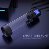 The LuvPump Smart Penis Pump features a clear cylindrical tube with a black base and an illuminated blue display with control buttons for realistic suction. The sleek design contrasts against a dark background, with SMART PENIS PUMP - Any time the way you want displayed at the bottom right. USB rechargeable.