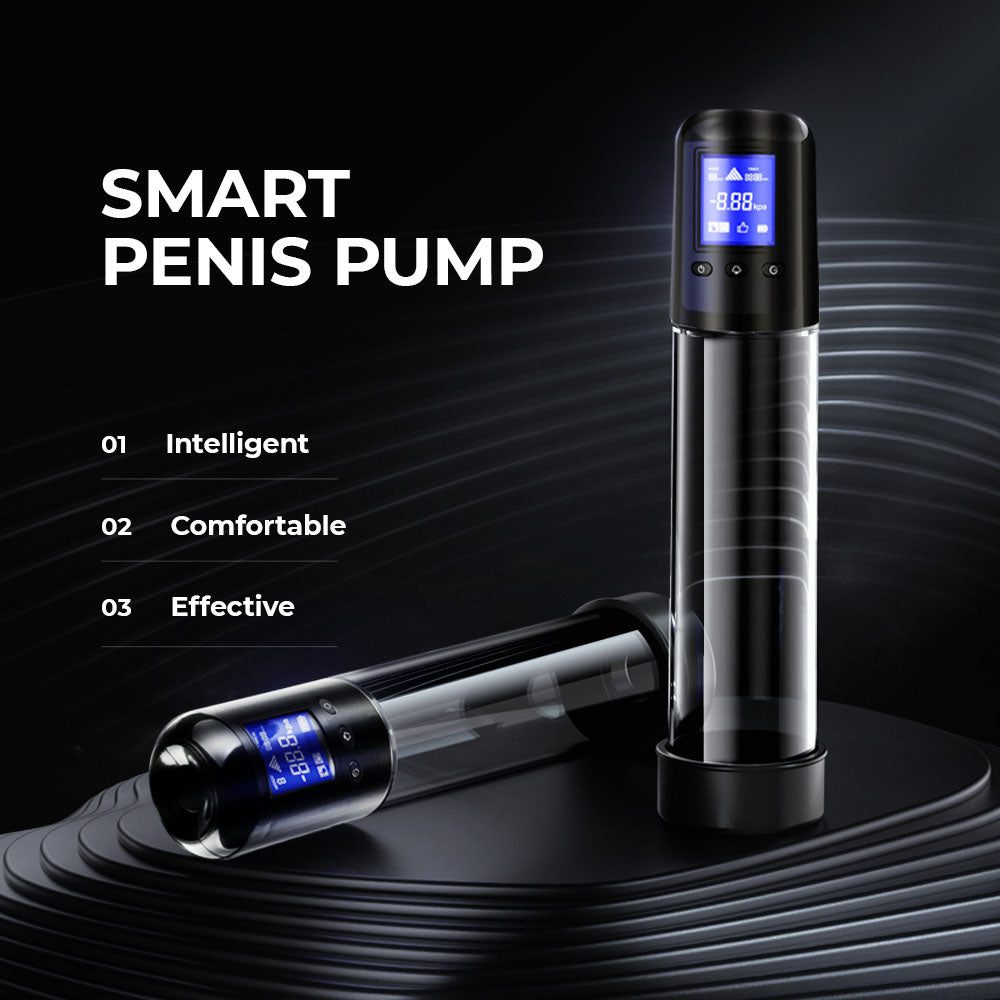 The LuvPump Smart Penis Pump - Clear USB Rechargeable Automatic Penis Pump features a sleek, cylindrical design with a display screen. One stands vertically and another lies horizontally on a textured surface. Text highlights: Smart Penis Pump, Intelligent, USB rechargeable, and Effective.