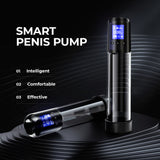 The image displays the LuvPump Smart Penis Pump—an automatic, clear USB rechargeable pump. One stands upright showing its digital interface, while another lies horizontally on a sleek black background. Text reads: SMART PENIS PUMP, emphasizing its intelligent, comfortable, and effective design.