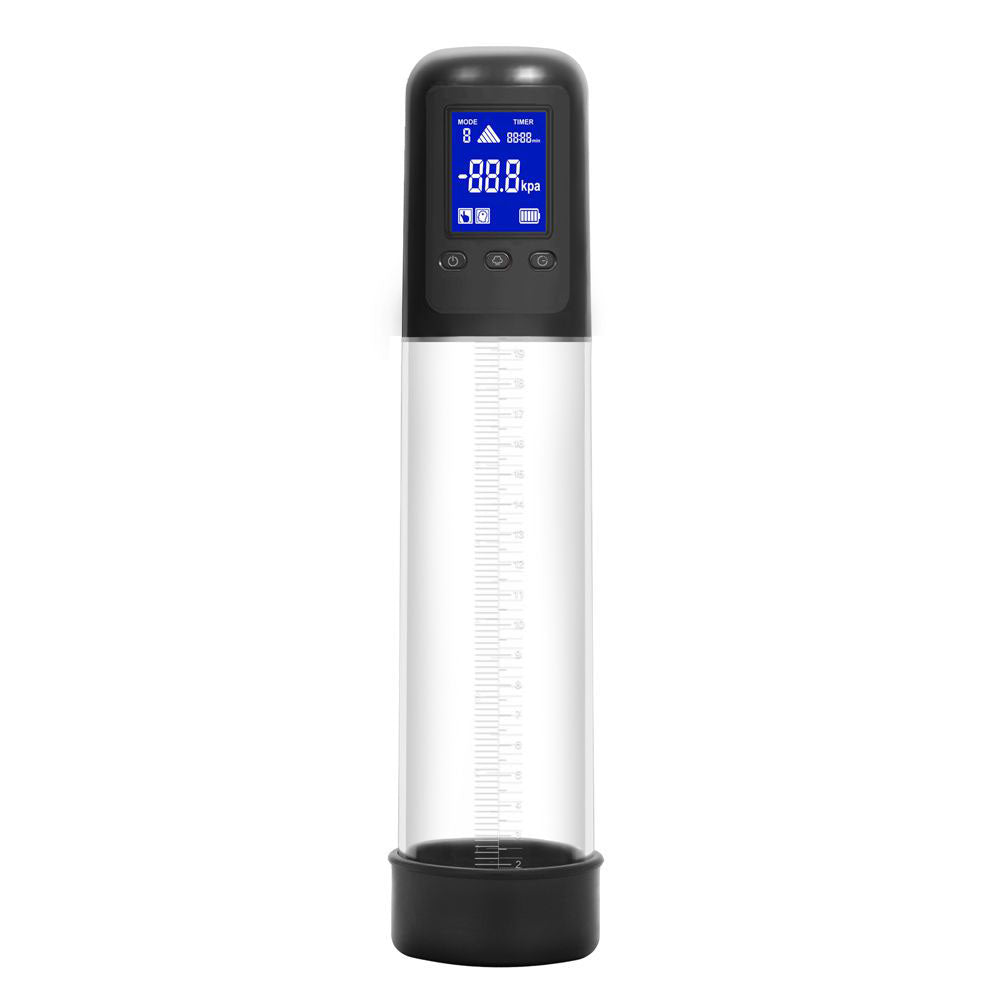 The LuvPump Smart Penis Pump is a clear, USB rechargeable device with a black top and base. It features an LCD screen with measurements, buttons, and icons. The cylindrical tube includes a vertical scale for precision while providing realistic suction to maintain atmospheric pressure.