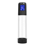 The LuvPump Smart Penis Pump features a clear cylindrical design with black base and top, an LCD screen displaying 88.8 in blue, four control buttons, measurement markings on the side, and USB rechargeable functionality.