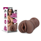 The Zolo Stroke Off Diva Pussy Stroker, a realistic brown adult toy with lifelike skin tone and textured interior, is displayed beside its box. The packaging shows a graphic-covered image and pink/white text stating ZOLO Diva Pussy Stroker, highlighting features like Realistic Sensations and Smooth.