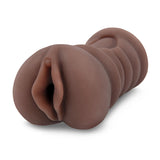 A brown, ribbed silicone Zolo Stroke Off Diva Pussy Stroker, featuring a lifelike skin tone and smooth exterior with a single opening. Positioned diagonally on a white background, it promises realistic sensations.