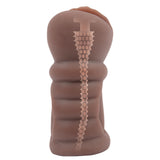 The Zolo Stroke Off Diva Pussy Stroker - Brown Vagina Stroker features a lifelike skin tone and realistic sensations, with a brown textured exterior, central transparent strip revealing an internal honeycomb pattern, and ribbed sections for ergonomic design to enhance your experience.