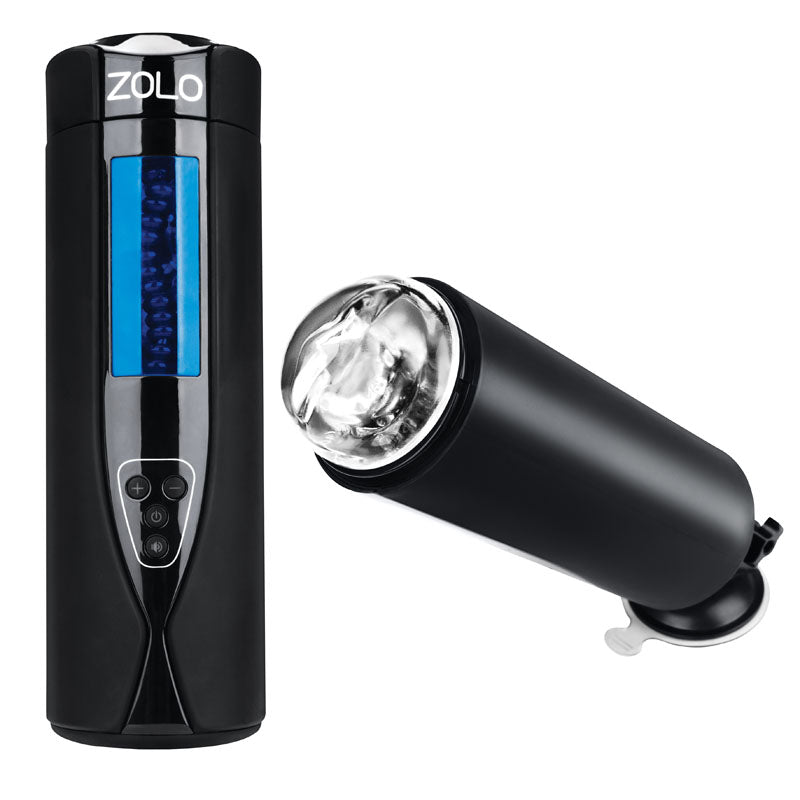 The Zolo Tornado is a black USB rechargeable electronic masturbator with a transparent opening, side buttons, and cylindrical design. It features a blue accent and an adjustable suction cup base for hands-free stimulation.