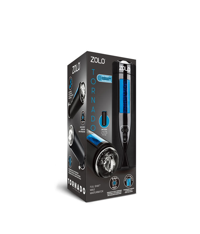 Box for a Zolo Tornado - USB Rechargeable Auto Masturbator. The packaging displays the device with a textured inner sleeve and control panel, offering 360-degree rotation, adjustable suction, multi-speed settings, and stimulating tech, using black, blue, and white color elements prominently.