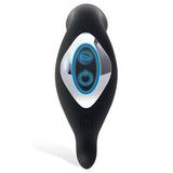 The Adam & Eve 3-Point Prostate Massager is a black, teardrop-shaped silicone device with a chrome oval face featuring a glowing blue power button symbol and an e. A DC label suggests its innovation as this sleek USB rechargeable gadget may also serve as a perineum massager.