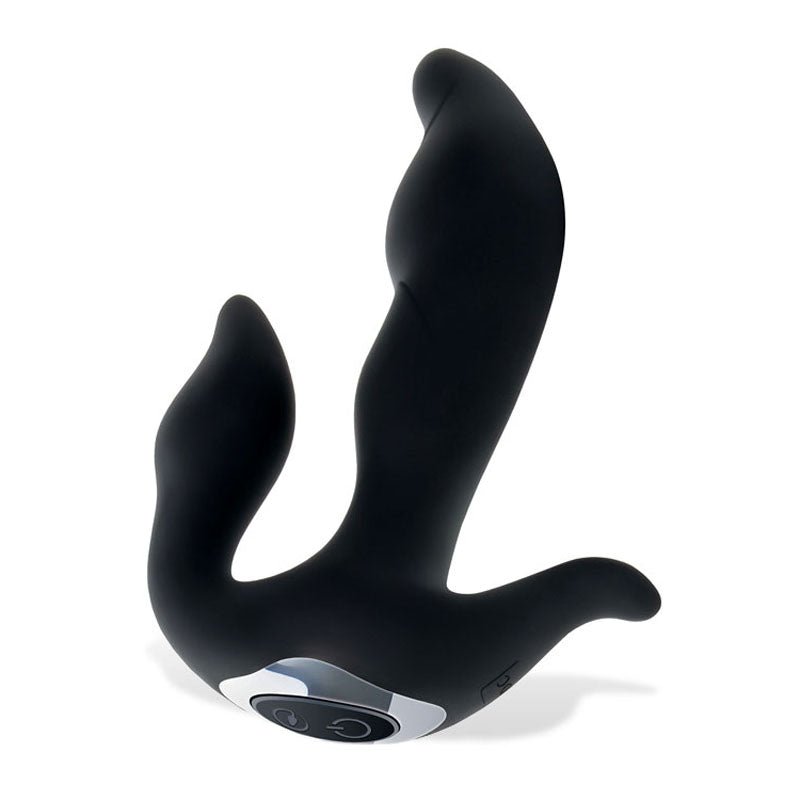 The Adam & Eve 3-Point Prostate Massager, a sleek black silicone device with an ergonomic design, has two curved arms and control buttons on its silver base. The larger smooth, rounded arm complements the smaller wave-textured one, making it ideal for prostate use. USB rechargeable for convenience.