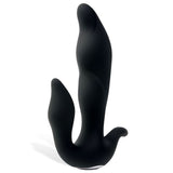 The Adam & Eve 3-Point Prostate Massager features a sleek, black design with smooth curves reminiscent of a sculpture. Its upright form and matte finish add elegance, while the slightly reflective base enhances its depth in this silicone-inspired vibrating prostate massager.