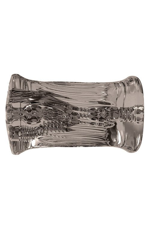 The Adam & Eve Adams 3-Way Stroker is a transparent, cylindrical glass stroker with an easy-grip exterior. Its smoky gray color and textured, reflective surfaces create intricate patterns and shimmering designs with three tunnels for added intrigue.