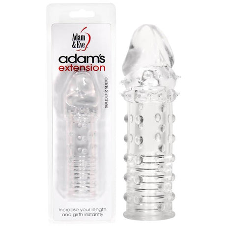 The image displays the transparent Adam & Eve Adams Extension - Clear Penis Sleeve with its packaging. Featuring a bulbous tip and textured surface with sensation nubs, it adds two extra inches in length. The packaging includes a clear front and branded text.