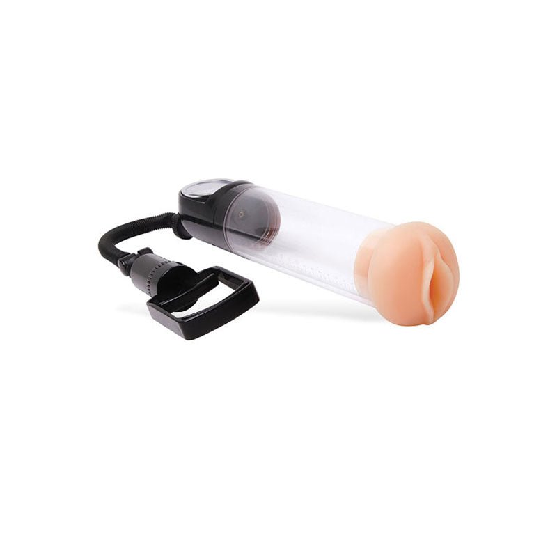 The Adam & Eve Adams Promax Pump is a clear cylindrical penis pump with a flesh-toned silicone masturbator sleeve featuring a textured opening, a black handle for secure grip, and a hose connecting to the precisely marked cylinder.