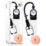 The image shows the Adam & Eve Adams ProMax Pump—a clear penis pump with a black handle, gauge, and realistic skin-toned silicone pussy entry. The packaging reflects this design, prominently featuring the Adam & Eve brand and Adams ProMax Pump label.