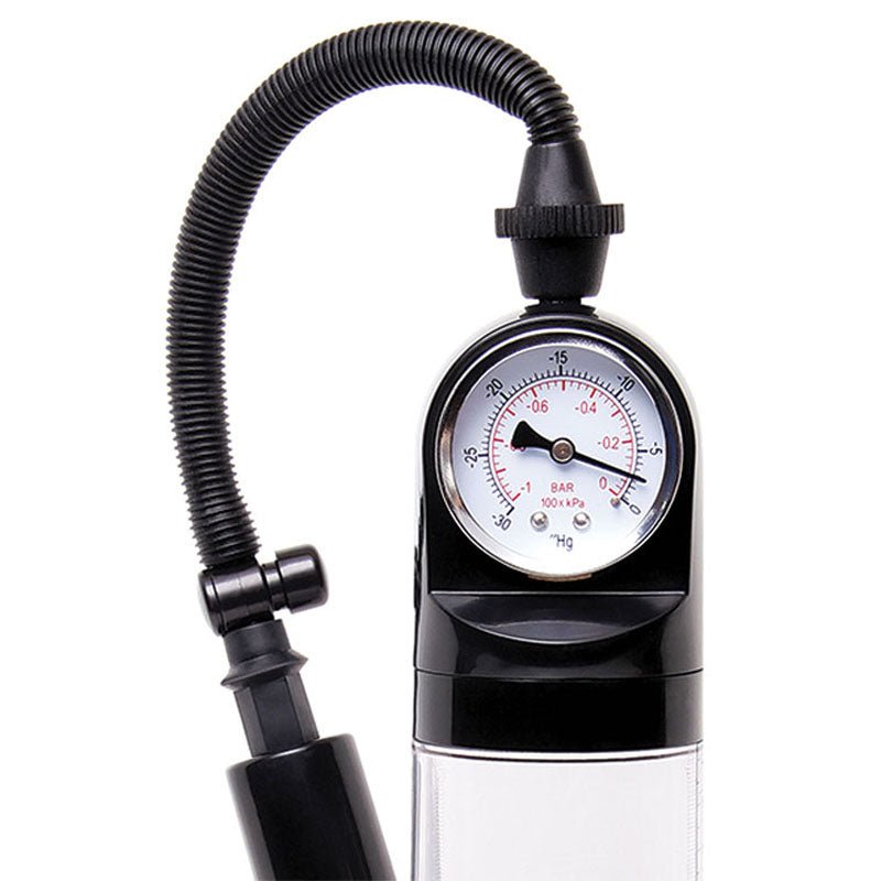 The Adam & Eve Adams Promax Pump is a clear penis pump with a masturbator sleeve, featuring a black and transparent design with a flexible corrugated tube, a clear cylinder body revealing the internal chamber, and a circular pressure gauge displaying PSI and BAR in red and black for precise control.