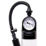 The Adam & Eve Adams Promax Pump is a clear penis pump with a masturbator sleeve, featuring a black and transparent design with a flexible corrugated tube, a clear cylinder body revealing the internal chamber, and a circular pressure gauge displaying PSI and BAR in red and black for precise control.