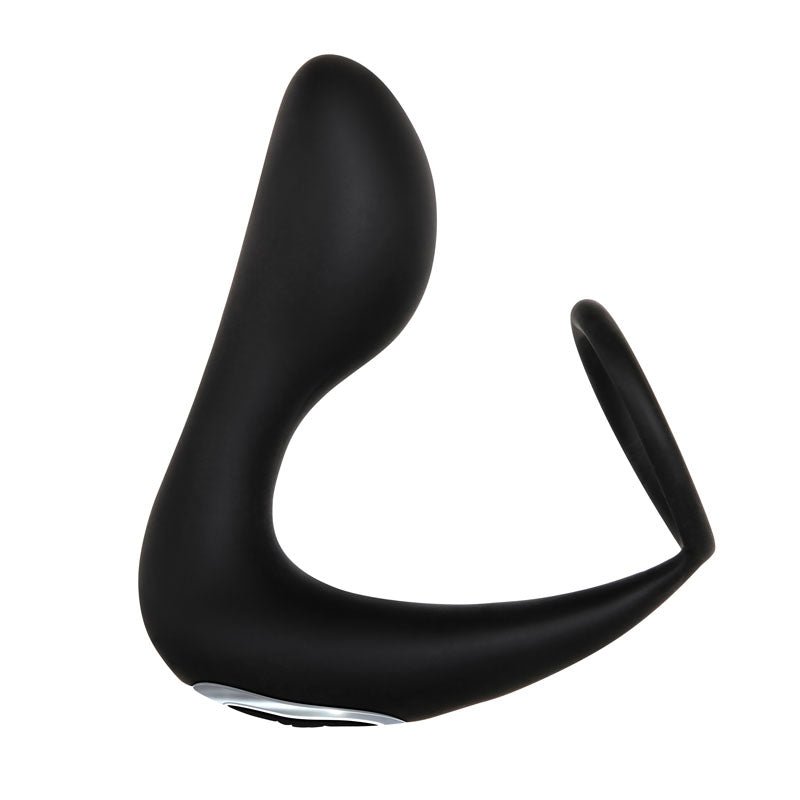 The Adam & Eve Adams Rechargeable Prostate Pleaser & C-Ring is a black L-shaped prostate vibrator with a sleek design, featuring a larger curved segment and a smaller projecting one. Its matte surface enhances P-spot stimulation, with the base featuring silver trim and an oval-shaped button.