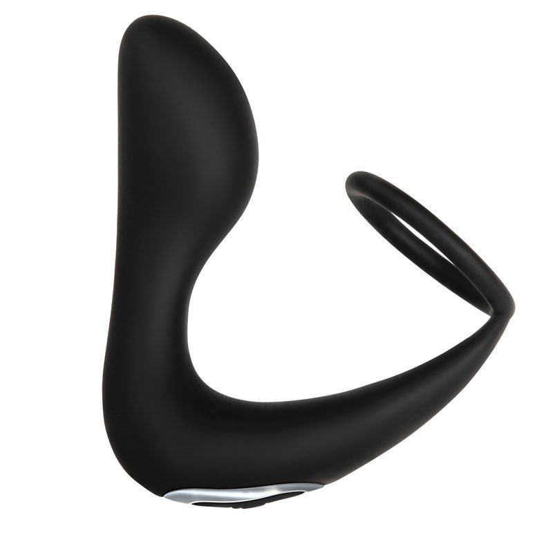 The Adam & Eve Adams Rechargeable Prostate Pleaser & C-Ring is a black silicone adult toy with an L-shape, two rings for P-spot stimulation, and an ergonomic design. A silver accent enhances its elegance. The larger ring curves to the base, joined by a smaller one, and its USB rechargeable.