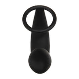 The Adam & Eve Adams Rechargeable Prostate Pleaser & C-Ring is shown against a white background, featuring a circular handle on top and smooth, bulbous base. This black USB rechargeable anal plug with cock ring offers a minimalist design ideal for P-spot stimulation.