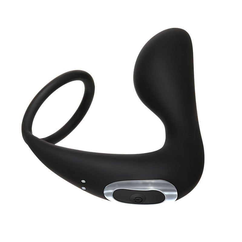 The Adam & Eve Adams Rechargeable Prostate Pleaser & C-Ring is a sleek black toy with a looped handle, rounded tip, silver accent, and intuitive control button for P-spot stimulation.