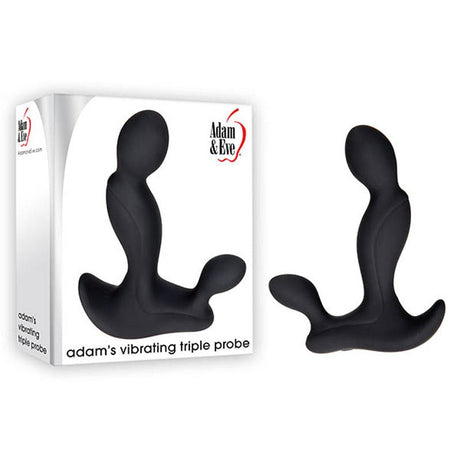 The Adam & Eve Adams Vibrating Triple Probe features a sleek black design with ergonomic curves and three bulbous sections. It offers multiple vibrating speeds for personalized pleasure. The packaging prominently displays the Adam & Eve brand logo.