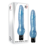 The Adam & Eve Blue Dolphin Vibe features a light blue, smooth, curved design with a flexible jelly-feel and sleek black base. Its packaging showcases the product image and highlights multiple vibration speeds for personalized pleasure.