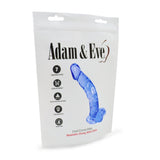 The Adam & Eve Cool Curve Jelly Dong - Clear 21.6 cm dildo packaging highlights a realistic, blue curved design with testicles and a suction cup base. Its strap-on friendly, offers 7 insertable inches, and has sold over 1,000 units, featuring the trusted Adam & Eve brand.