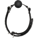 The Adam & Eve Eves Fetish Dreams Ball Gag is a black vegan leather restraint featuring a round, perforated rubber core with two adjustable straps, metal buckles, and loops for a customizable fit. Its textured leather offers secure fastening while allowing for breathability.