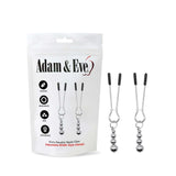 The Adam & Eve Eves Naughty Nipple Clips - Set of 2 offer erotic stimulation with adjustable BDSM-style clamps. The sleek packaging is white with black text and icons, emphasizing adjustability. Each metal clip has black rubber tips and three small silver balls dangling from it.