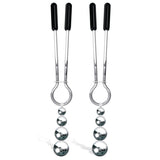 Eves Naughty Nipple Clips by Adam & Eve are a set of sleek silver clips with black rubber grips, reminiscent of adjustable clamps. Each clip is adorned with four silver balls in varying sizes at the tips, adding a modern contrast to the silver and black design.