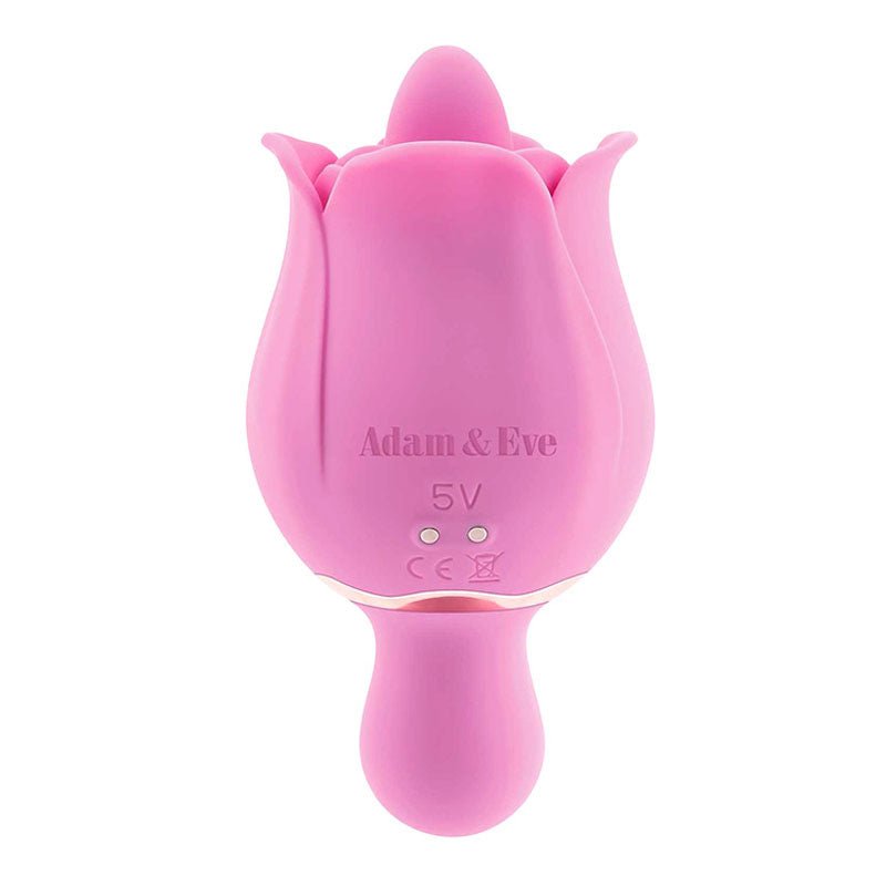 The Adam & Eve Eves Ravishing Clit Flicking Rose is a pink, waterproof vibrator with a petal design, rounded base, and smooth texture. It features Adam & Eve and 5V inscriptions along with small icons, offering an elegant clitoral orgasm easily. USB rechargeable for convenience.