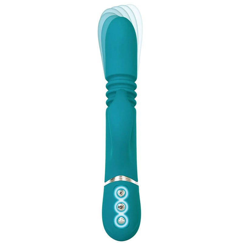 The Adam & Eve Eves Rechargeable Thrusting Rabbit, a green 22.9 cm USB-rechargeable vibrator, features a flexible silicone shaft with dual vibrating motors. The ribbed shaft is depicted in motion, and the handle includes three backlit buttons for setting control, showcasing its thrusting rabbit capability.