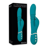 Box and product image of the Adam & Eve Eves Rechargeable Thrusting Rabbit in teal, featuring dual motors with a smooth silicone shaft and rabbit-shaped clitoral stimulator. The handle has metallic accents with three buttons, and branding is on a black box background.