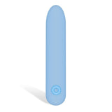 The Adam & Eve Eves Silky Sensations Rechargeable Bullet, a blue 9.4 cm USB rechargeable bullet, features a smooth silicone surface with an elongated cylindrical design, slightly tapered top, and power button near the base. It casts a soft shadow to the left due to lighting from the right.